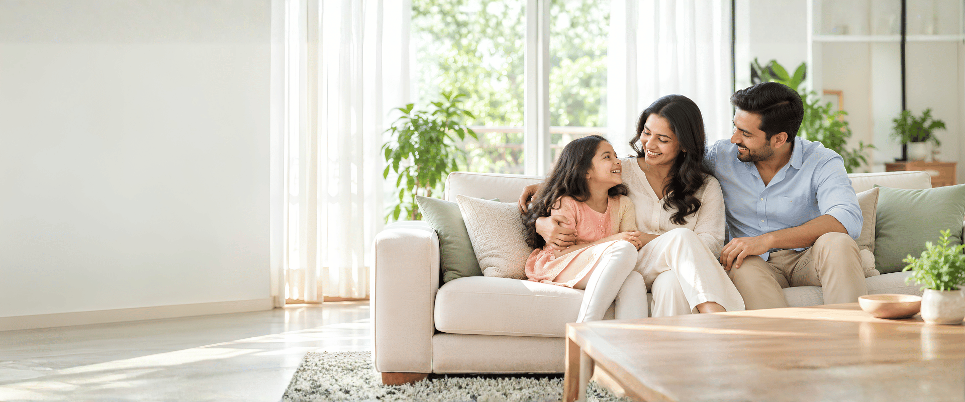 A family enjoying time together in a bright, comfortable home