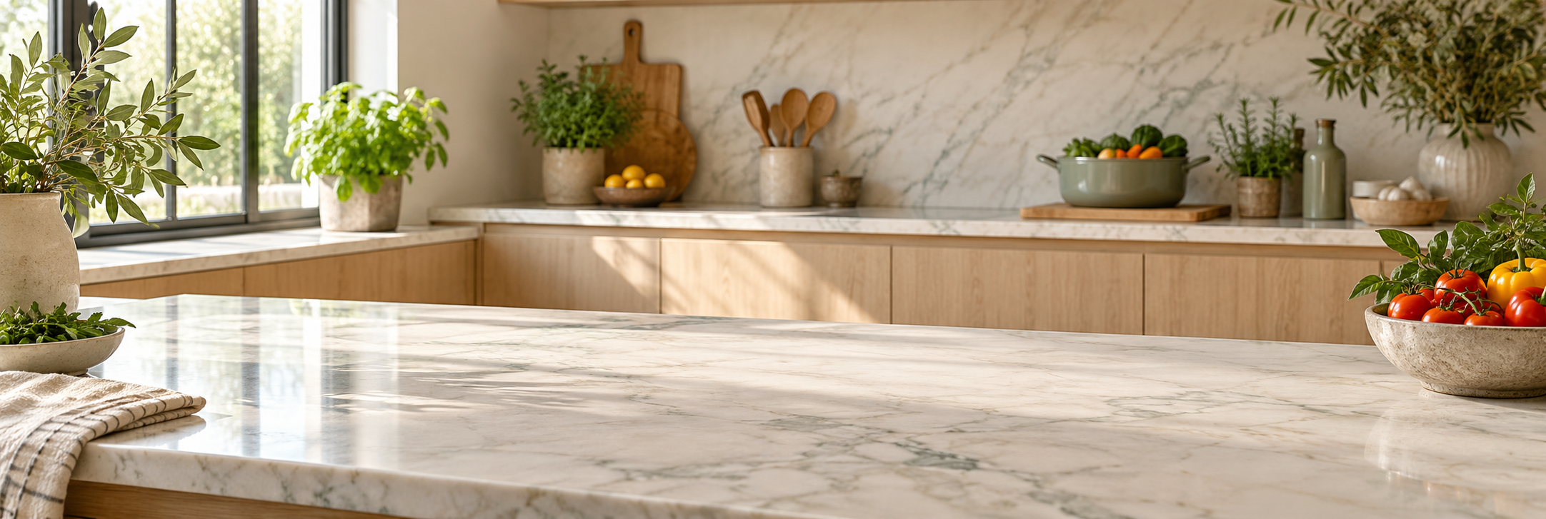 A sunlit kitchen with natural wood cabinets and a marble countertop